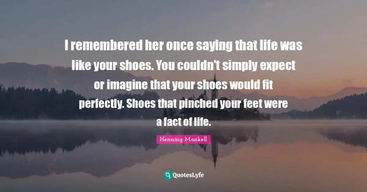 I remembered her once saying that life was like your shoes. You couldn't simply expect or imagine that your shoes would fit perfectly. Shoes that pinched your feet were a fact of life.