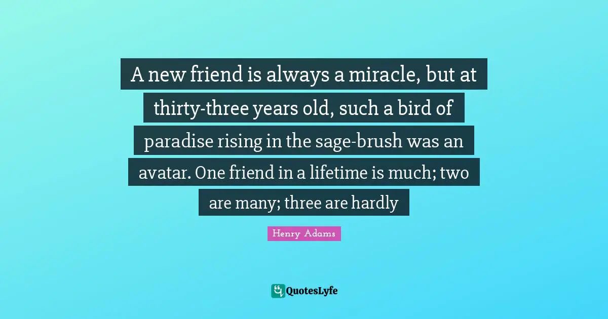 A new friend is always a miracle, but at thirty-three years old, such a bird of paradise rising in the sage-brush was an avatar. One friend in a lifetime is much; two are many; three are hardly