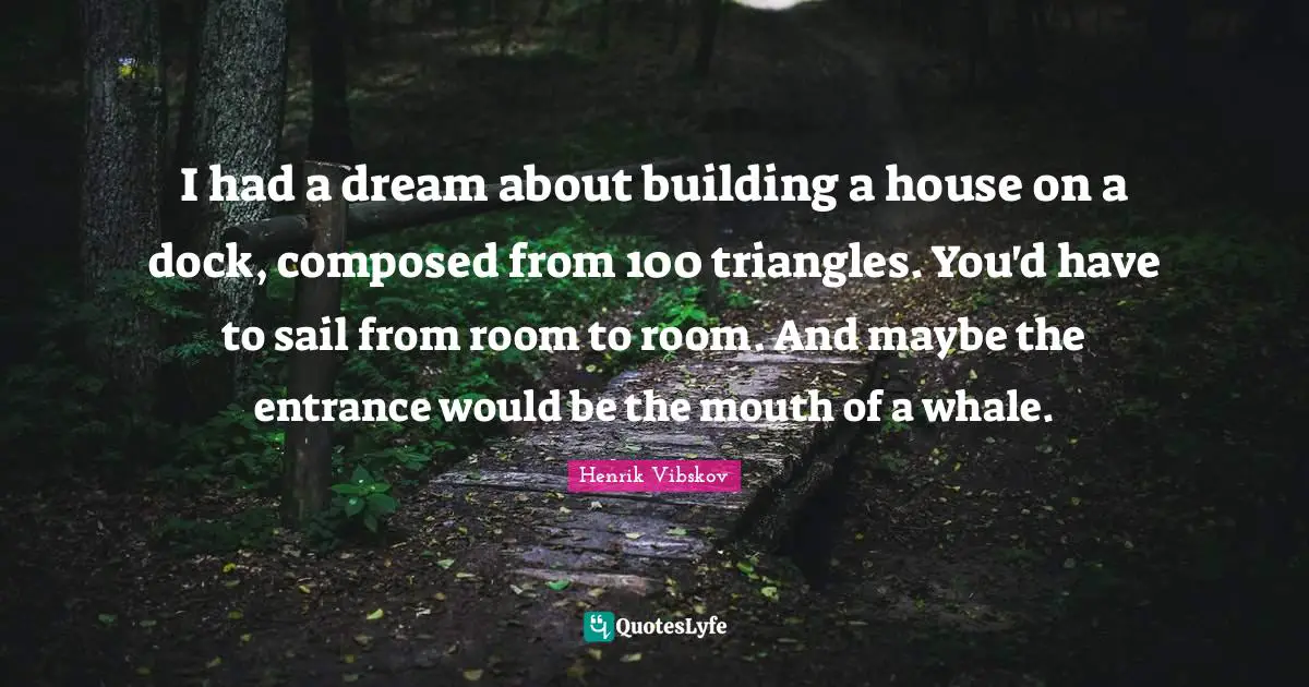 I had a dream about building a house on a dock, composed from 100 triangles. You'd have to sail from room to room. And maybe the entrance would be the mouth of a whale.