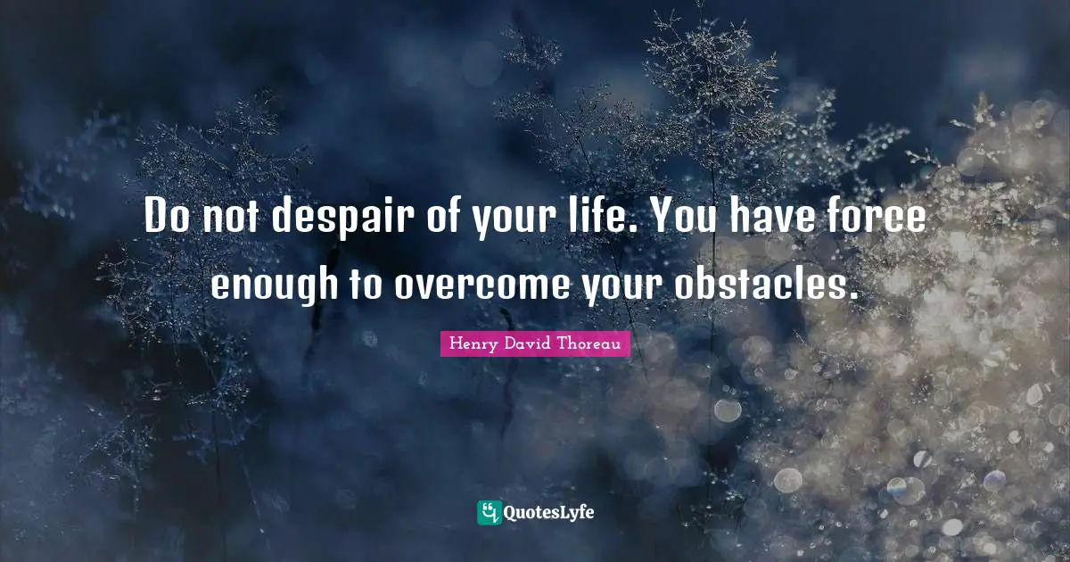 Do not despair of your life. You have force enough to overcome your obstacles.