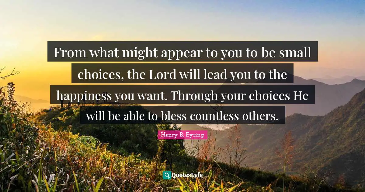 From what might appear to you to be small choices, the Lord will lead you to the happiness you want. Through your choices He will be able to bless countless others.
