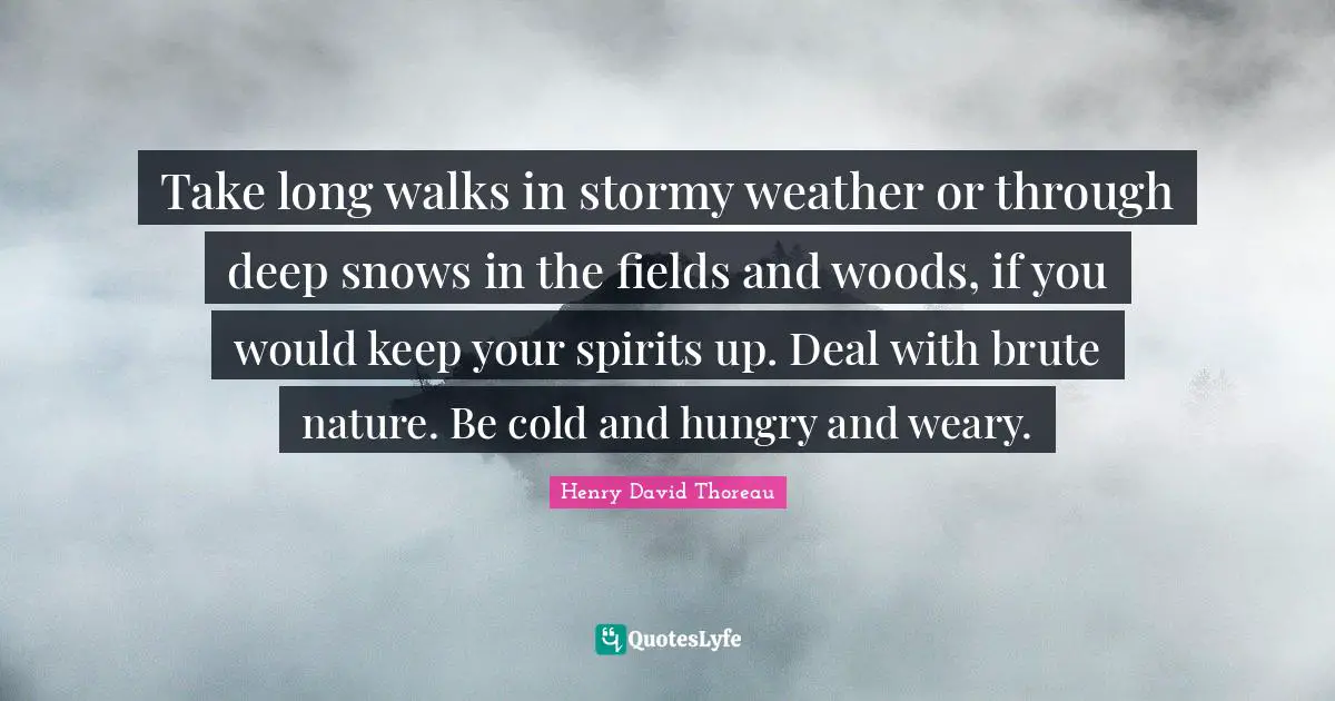 Weather Quotes: "Take long walks in stormy weather or through deep snows in the fields and woods, if you would keep your spirits up. Deal with brute nature. Be cold and hungry and weary."
