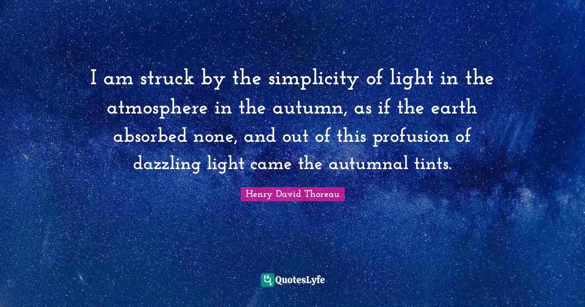 I am struck by the simplicity of light in the atmosphere in the autumn, as if the earth absorbed none, and out of this profusion of dazzling light came the autumnal tints.