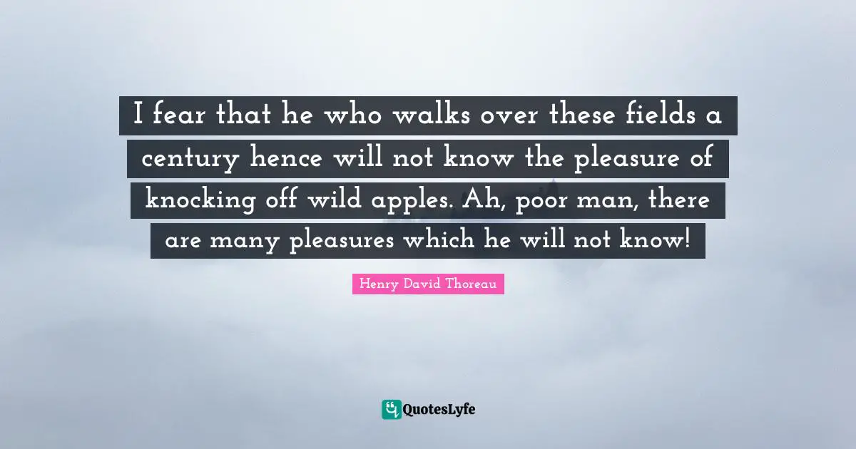 I fear that he who walks over these fields a century hence will not know the pleasure of knocking off wild apples. Ah, poor man, there are many pleasures which he will not know!