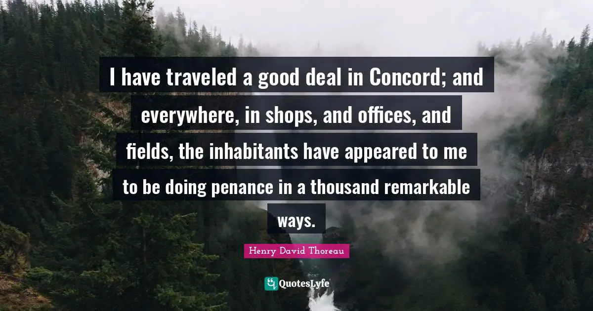 I have traveled a good deal in Concord; and everywhere, in shops, and offices, and fields, the inhabitants have appeared to me to be doing penance in a thousand remarkable ways.