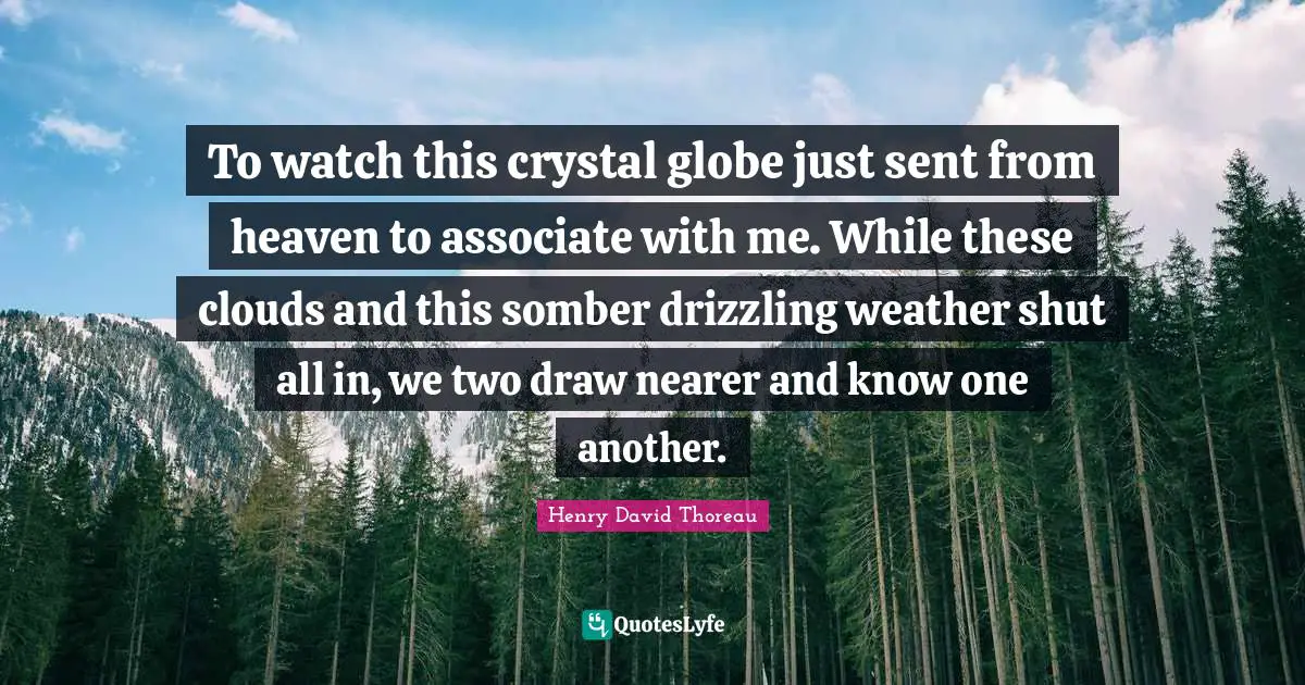 To watch this crystal globe just sent from heaven to associate with me. While these clouds and this somber drizzling weather shut all in, we two draw nearer and know one another.