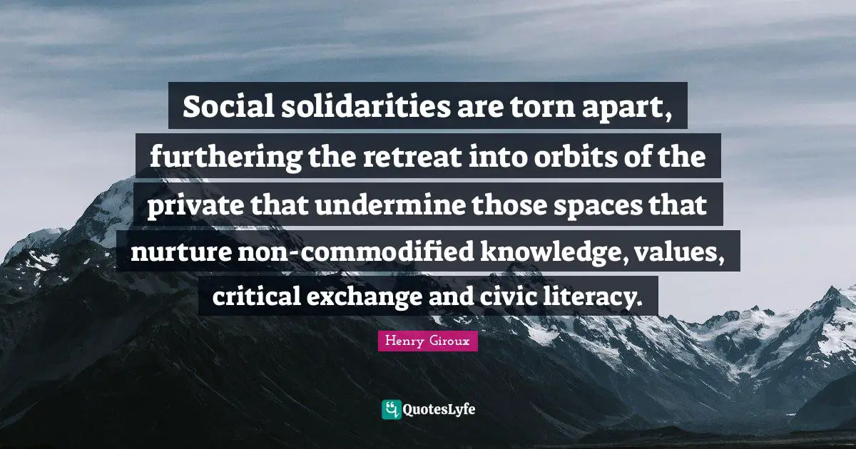 Social solidarities are torn apart, furthering the retreat into orbits of the private that undermine those spaces that nurture non-commodified knowledge, values, critical exchange and civic literacy.