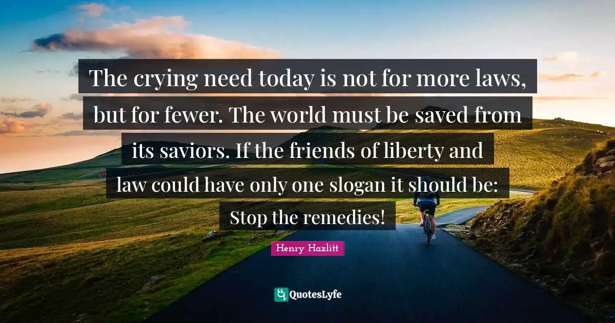 The crying need today is not for more laws, but for fewer. The world must be saved from its saviors. If the friends of liberty and law could have only one slogan it should be: Stop the remedies!