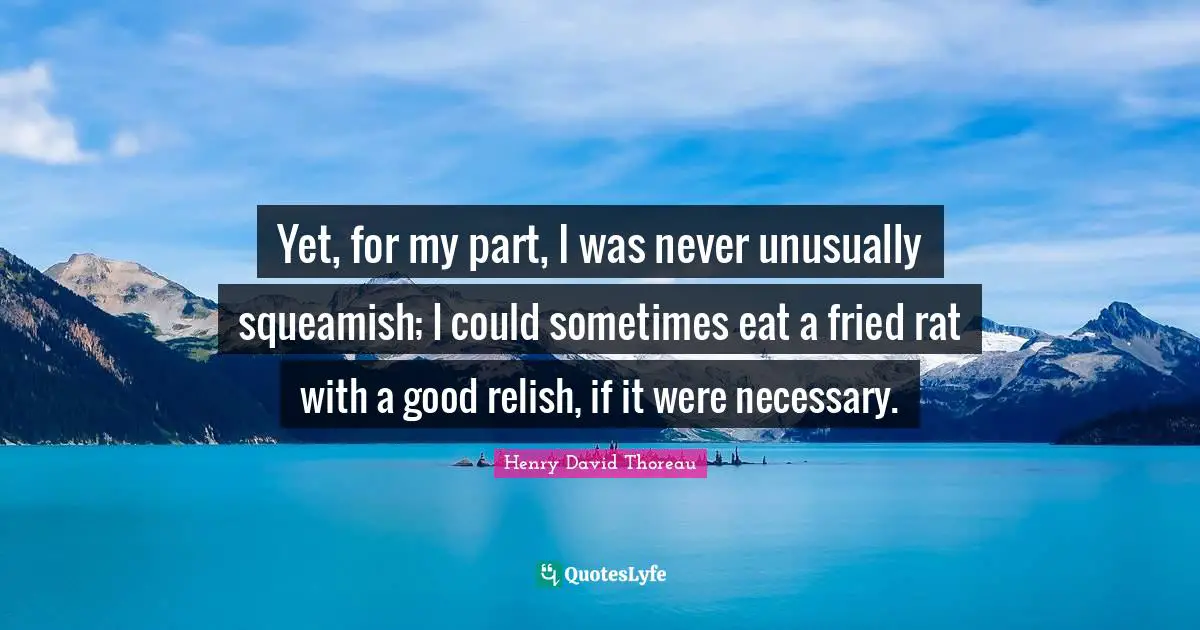 Yet, for my part, I was never unusually squeamish; I could sometimes eat a fried rat with a good relish, if it were necessary.