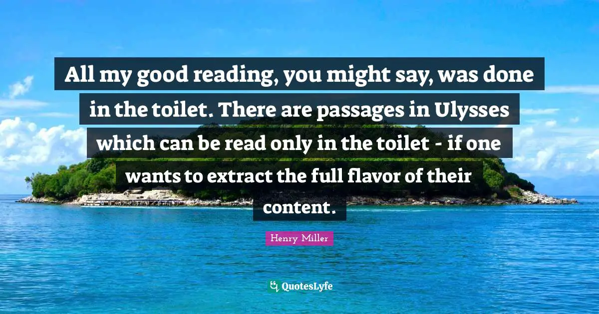 All my good reading, you might say, was done in the toilet. There are passages in Ulysses which can be read only in the toilet - if one wants to extract the full flavor of their content.