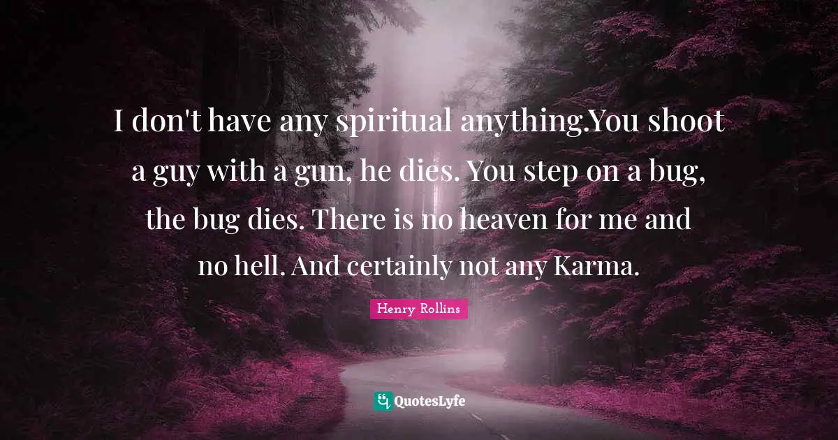 I don't have any spiritual anything.You shoot a guy with a gun, he dies. You step on a bug, the bug dies. There is no heaven for me and no hell. And certainly not any Karma.