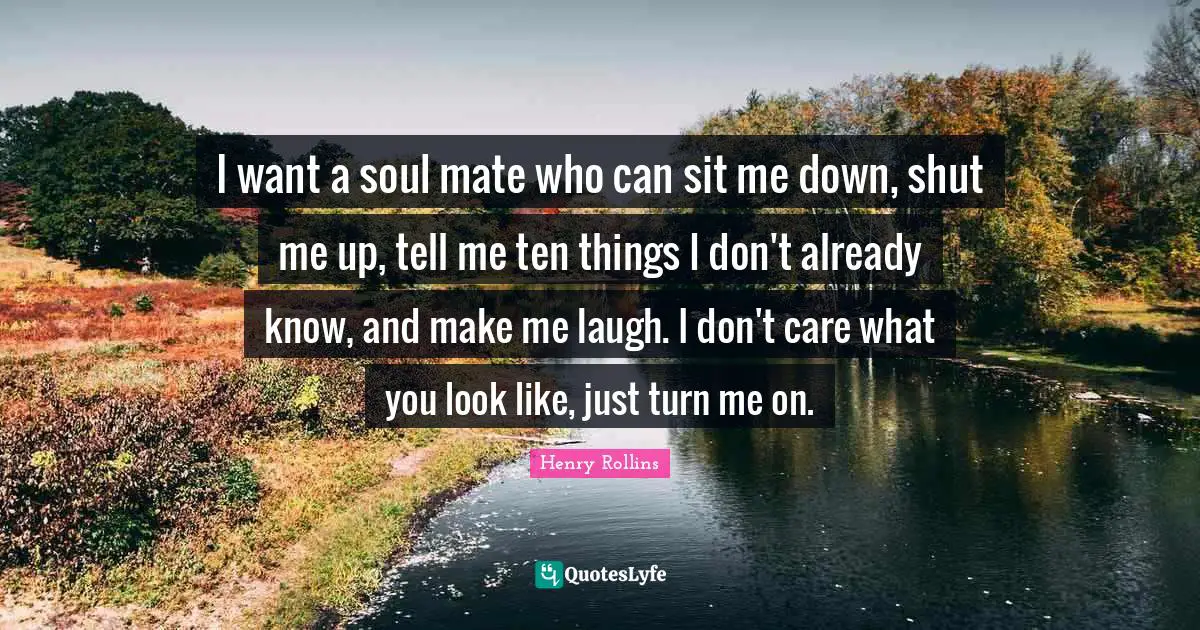 Henry Rollins Quotes: I want a soul mate who can sit me down, shut me up, tell me ten things I don't already know, and make me laugh. I don't care what you look like, just turn me on.
