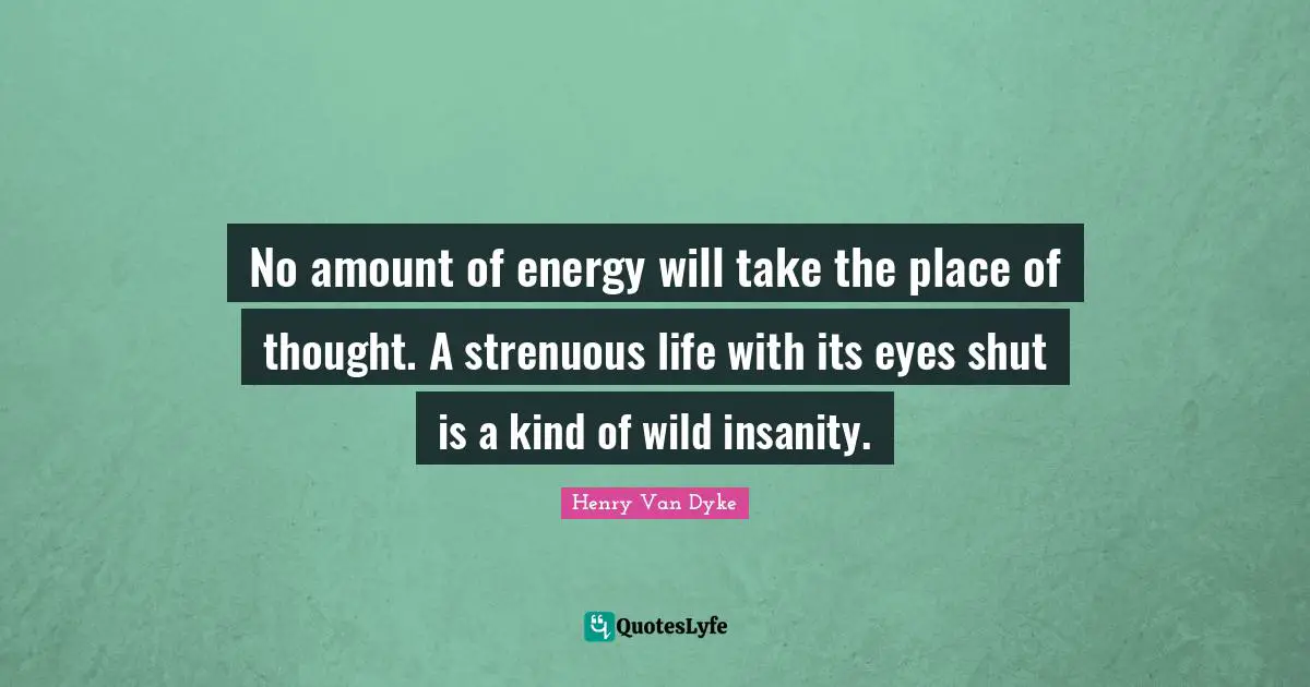 Henry Van Dyke Quotes: "No amount of energy will take the place of thought. A strenuous life with its eyes shut is a kind of wild insanity."