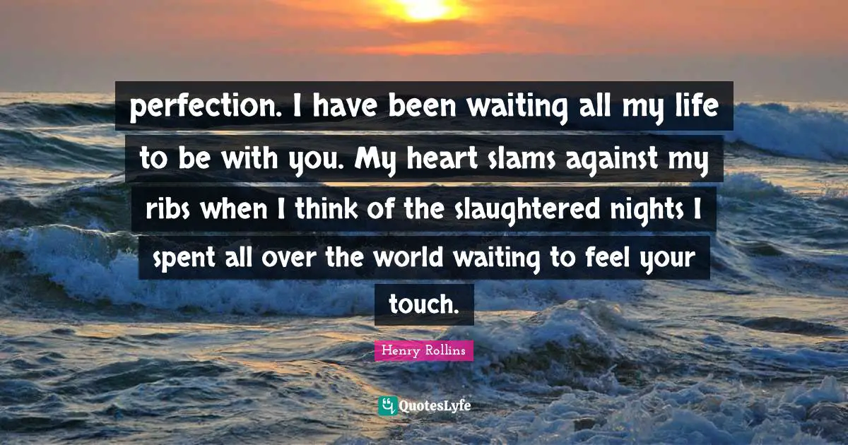 perfection. I have been waiting all my life to be with you. My heart slams against my ribs when I think of the slaughtered nights I spent all over the world waiting to feel your touch.