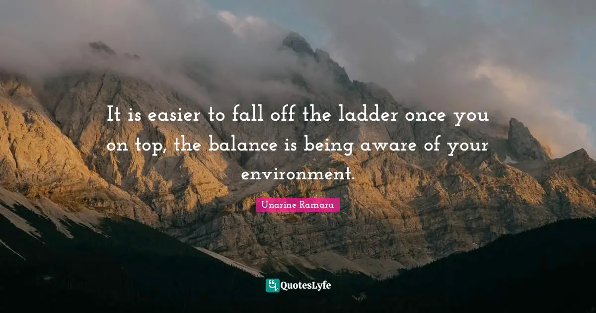 Unarine Ramaru Quotes: It is easier to fall off the ladder once you on top, the balance is being aware of your environment.