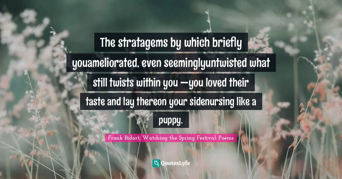The stratagems by which briefly youameliorated, even seeminglyuntwisted what still twists within you —you loved their taste and lay thereon your sidenursing like a puppy.
