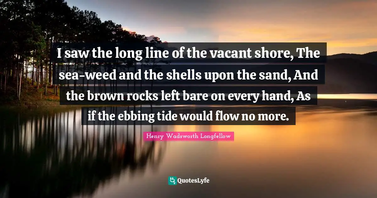 I saw the long line of the vacant shore, The sea-weed and the shells upon the sand, And the brown rocks left bare on every hand, As if the ebbing tide would flow no more.