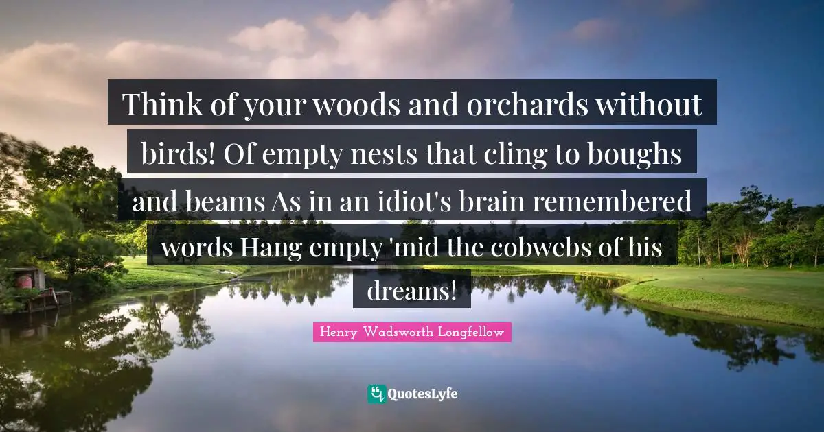Think of your woods and orchards without birds! Of empty nests that cling to boughs and beams As in an idiot's brain remembered words Hang empty 'mid the cobwebs of his dreams!