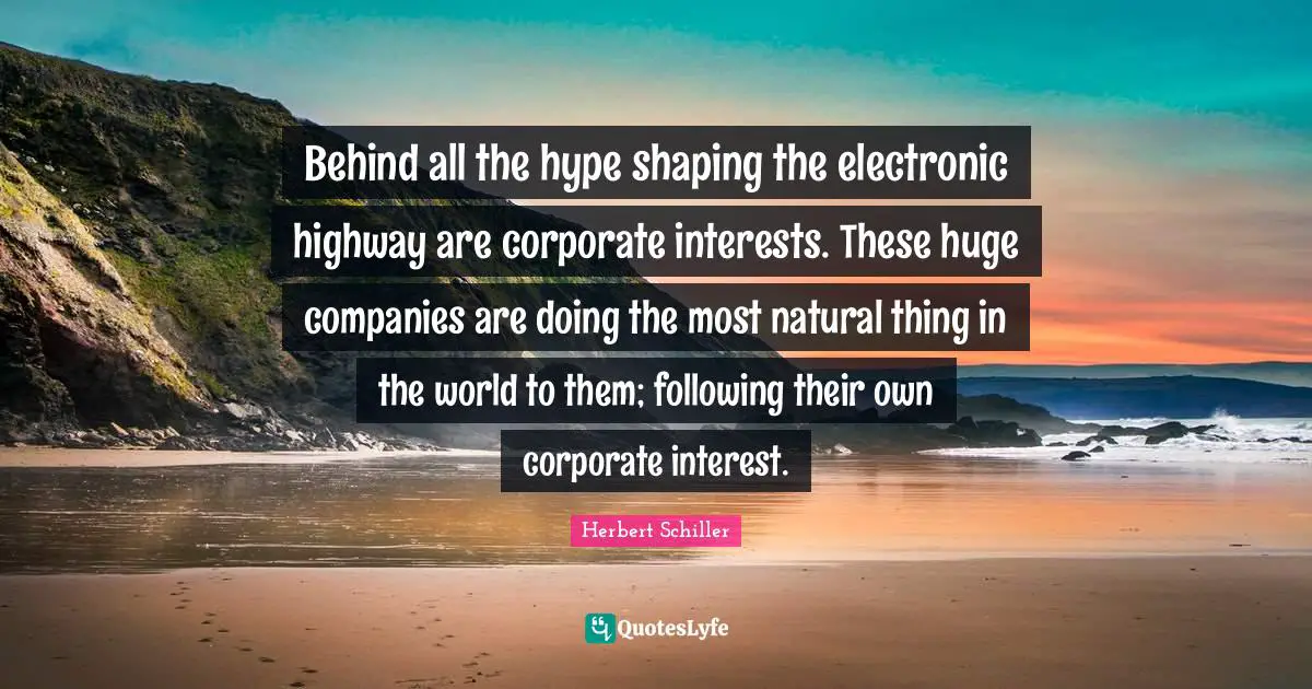 Behind all the hype shaping the electronic highway are corporate interests. These huge companies are doing the most natural thing in the world to them; following their own corporate interest.