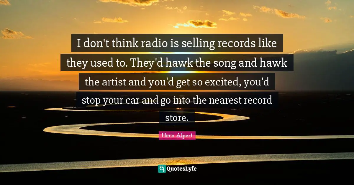 I don't think radio is selling records like they used to. They'd hawk the song and hawk the artist and you'd get so excited, you'd stop your car and go into the nearest record store.
