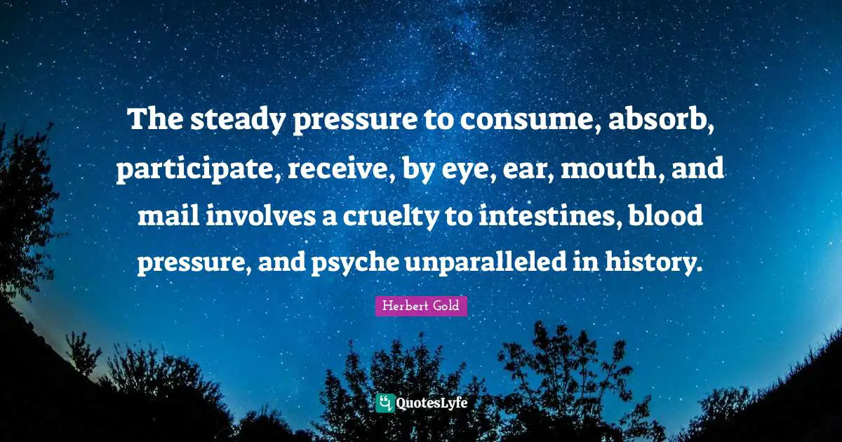 The steady pressure to consume, absorb, participate, receive, by eye, ear, mouth, and mail involves a cruelty to intestines, blood pressure, and psyche unparalleled in history.
