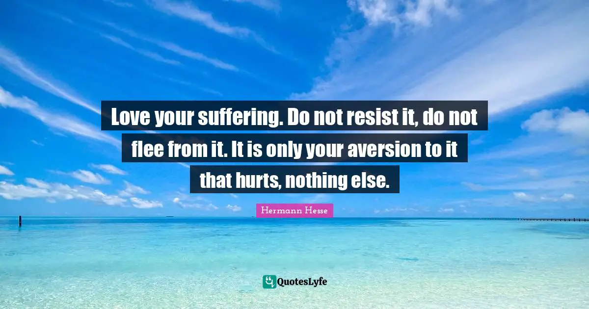 Hermann Hesse Quotes: "Love your suffering. Do not resist it, do not flee from it. It is only your aversion to it that hurts, nothing else."