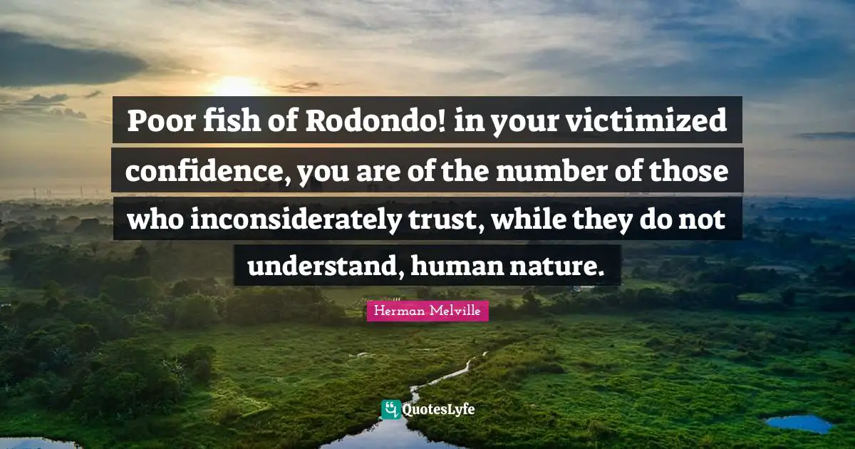 Poor fish of Rodondo! in your victimized confidence, you are of the number of those who inconsiderately trust, while they do not understand, human nature.