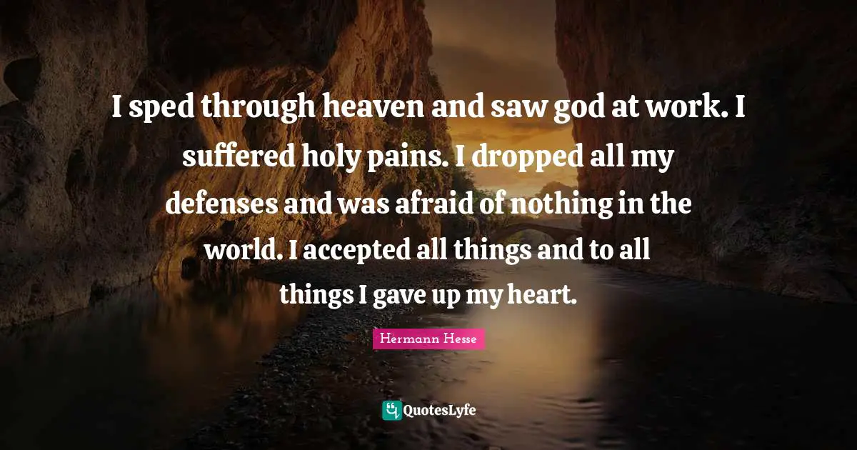 I sped through heaven and saw god at work. I suffered holy pains. I dropped all my defenses and was afraid of nothing in the world. I accepted all things and to all things I gave up my heart.