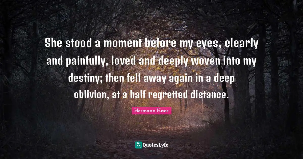 She stood a moment before my eyes, clearly and painfully, loved and deeply woven into my destiny; then fell away again in a deep oblivion, at a half regretted distance.