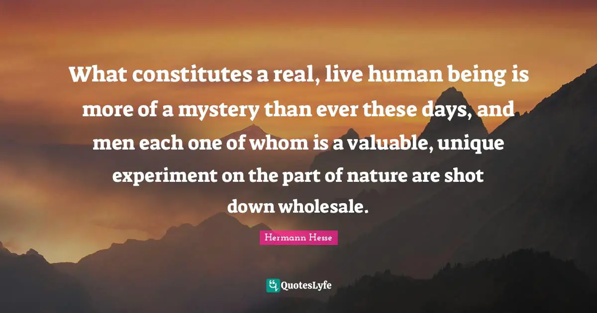 Hermann Hesse Quotes: "What constitutes a real, live human being is more of a mystery than ever these days, and men each one of whom is a valuable, unique experiment on the part of nature are shot down wholesale."