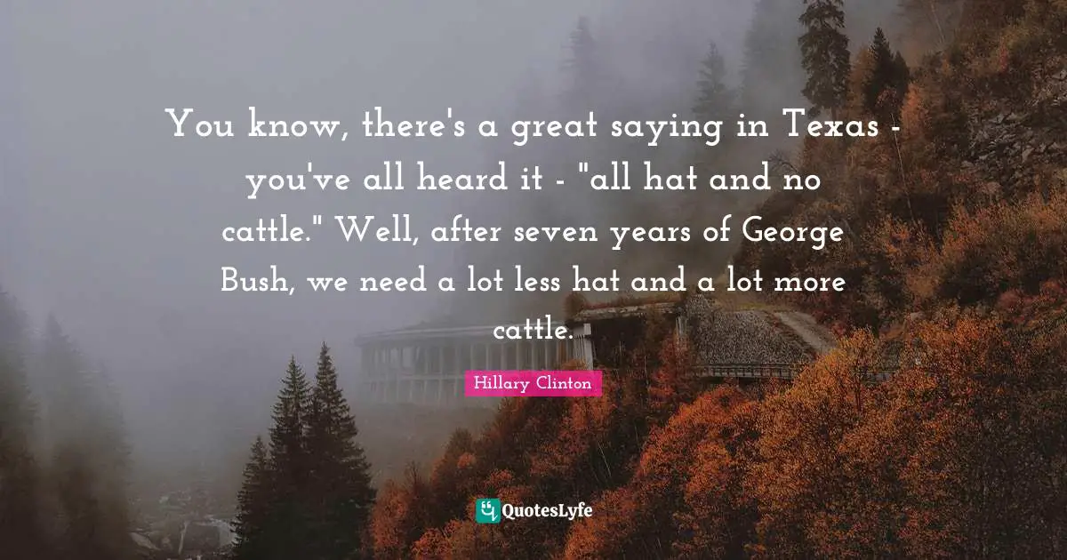 You know, there's a great saying in Texas - you've all heard it - "all hat and no cattle." Well, after seven years of George Bush, we need a lot less hat and a lot more cattle.