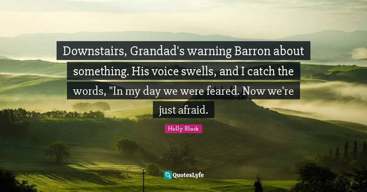 Downstairs, Grandad's warning Barron about something. His voice swells, and I catch the words, "In my day we were feared. Now we're just afraid.