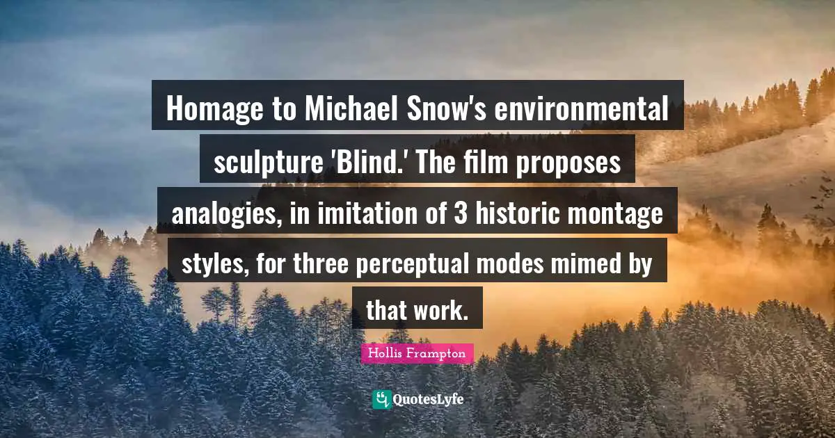 Analogies Quotes: "Homage to Michael Snow's environmental sculpture 'Blind.' The film proposes analogies, in imitation of 3 historic montage styles, for three perceptual modes mimed by that work."