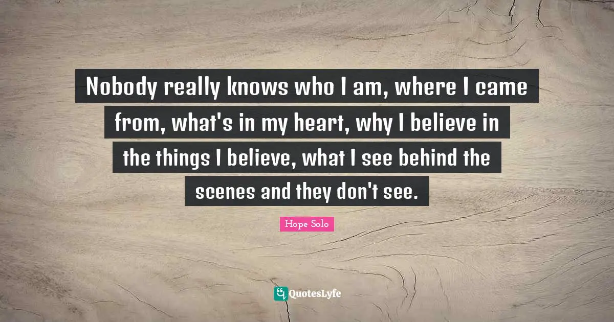 Nobody really knows who I am, where I came from, what's in my heart, why I believe in the things I believe, what I see behind the scenes and they don't see.