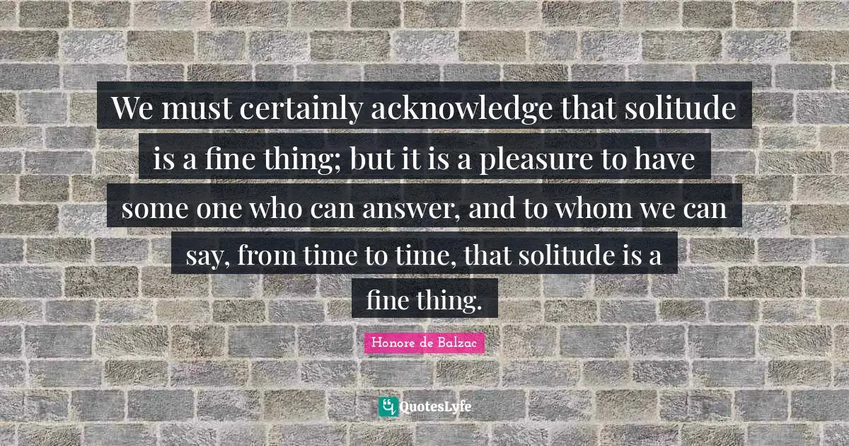 We must certainly acknowledge that solitude is a fine thing; but it is a pleasure to have some one who can answer, and to whom we can say, from time to time, that solitude is a fine thing.