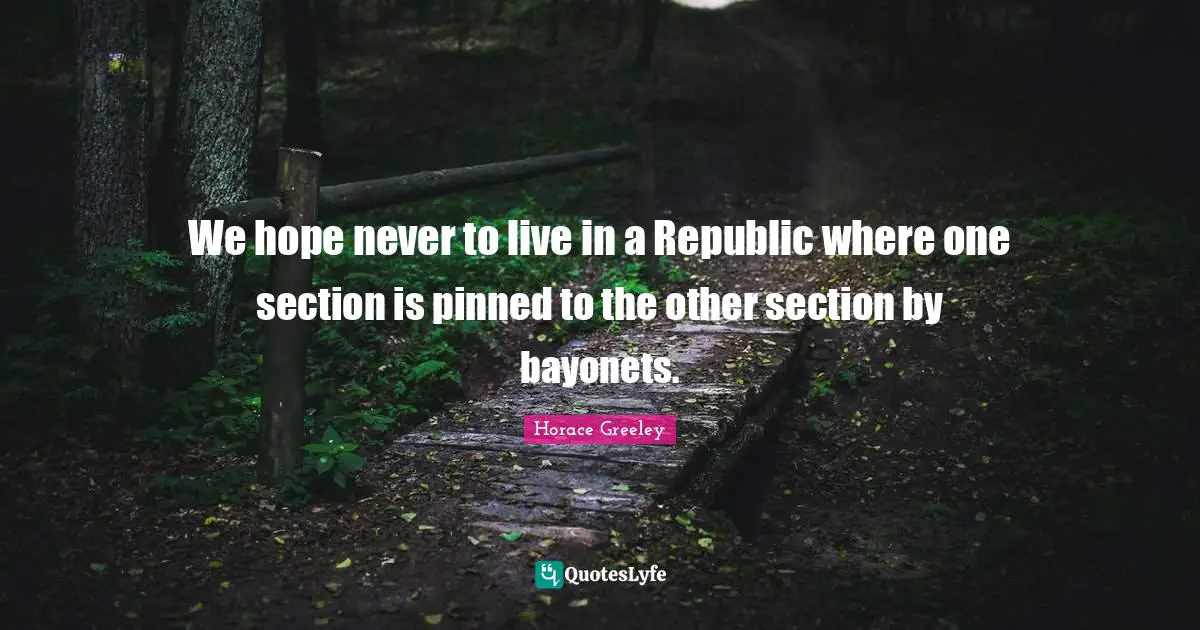 Horace Greeley Quotes: "We hope never to live in a Republic where one section is pinned to the other section by bayonets."