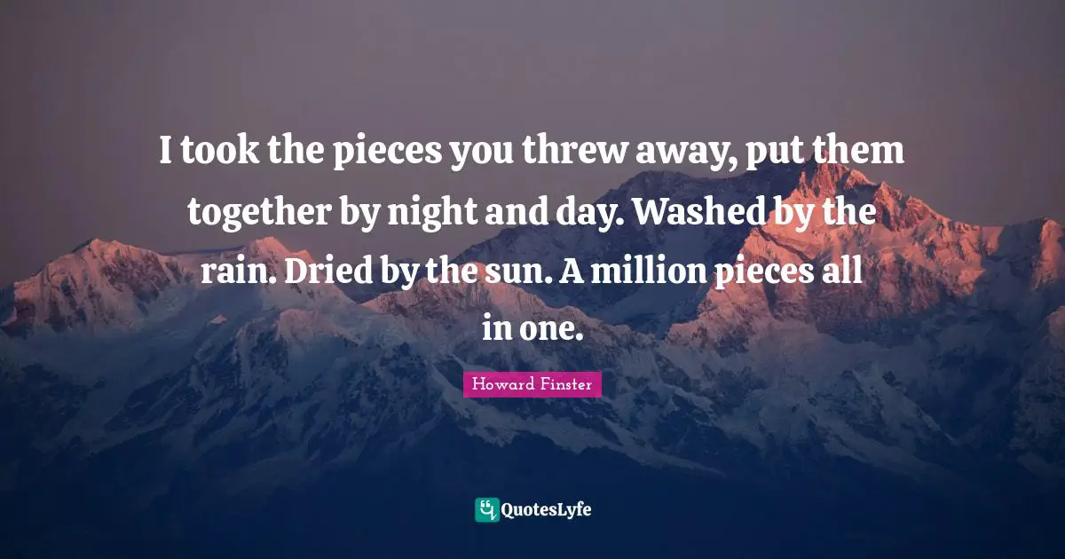 I took the pieces you threw away, put them together by night and day. Washed by the rain. Dried by the sun. A million pieces all in one.