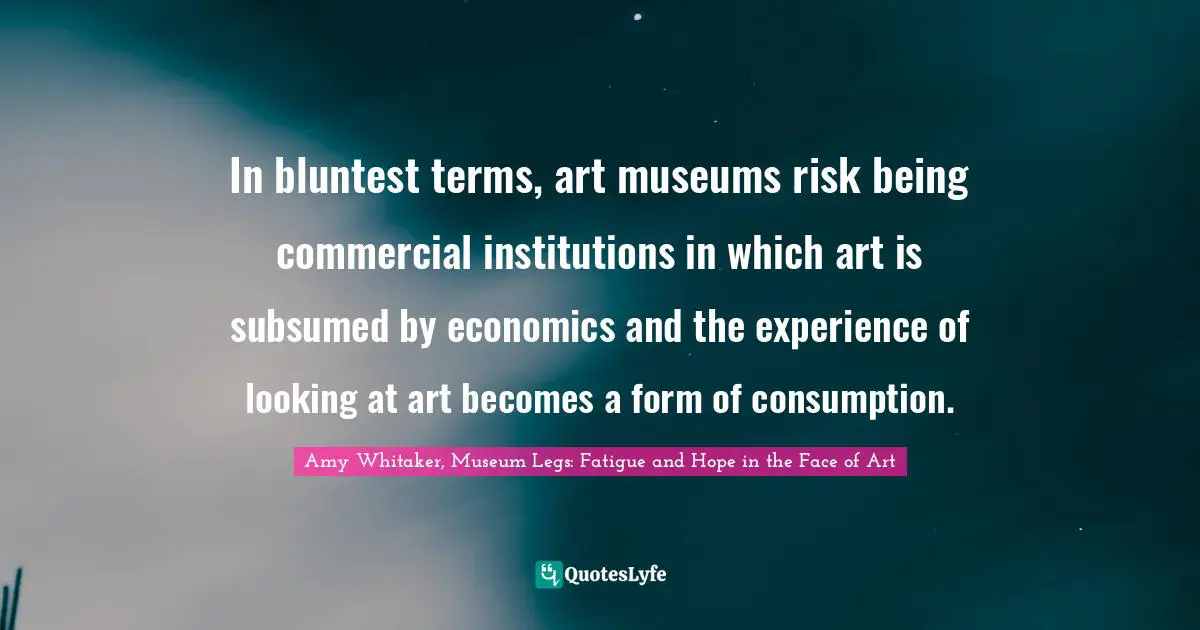 In bluntest terms, art museums risk being commercial institutions in which art is subsumed by economics and the experience of looking at art becomes a form of consumption.