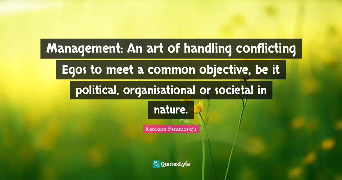 Management: An art of handling conflicting Egos to meet a common objective, be it political, organisational or societal in nature.