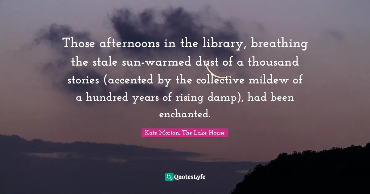 Those afternoons in the library, breathing the stale sun-warmed dust of a thousand stories (accented by the collective mildew of a hundred years of rising damp), had been enchanted.