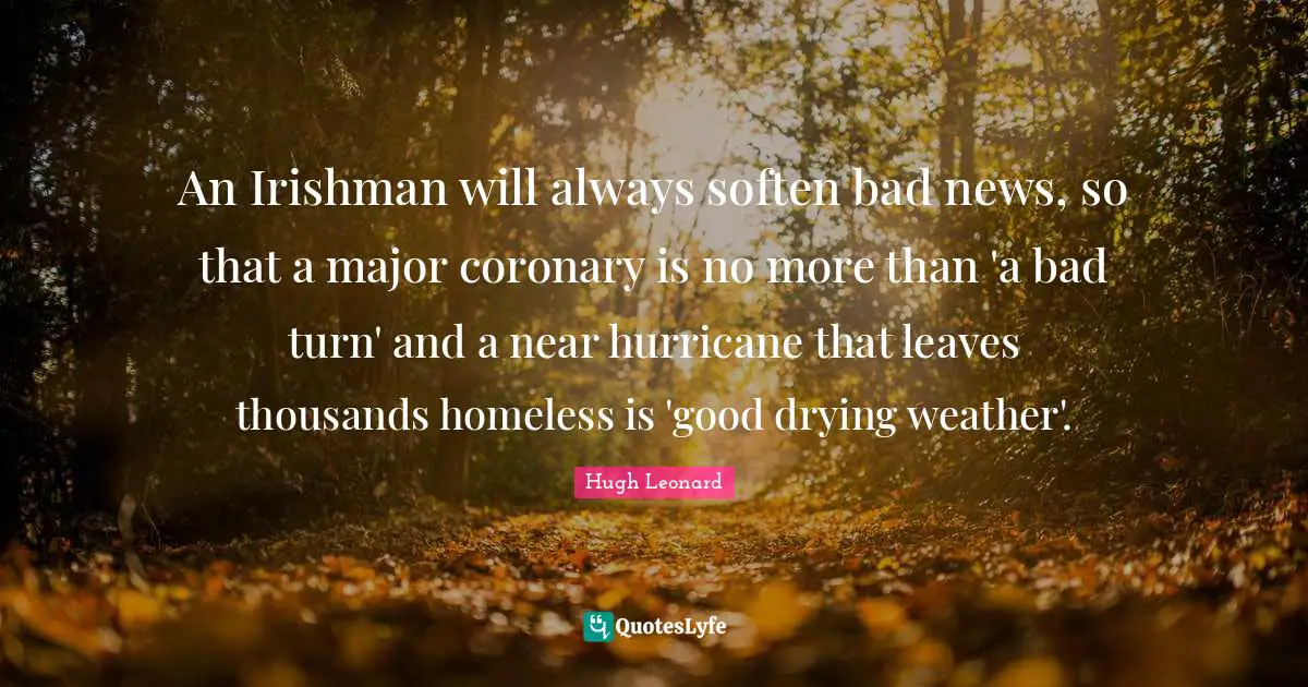 Hurricanes Quotes: "An Irishman will always soften bad news, so that a major coronary is no more than 'a bad turn' and a near hurricane that leaves thousands homeless is 'good drying weather'."