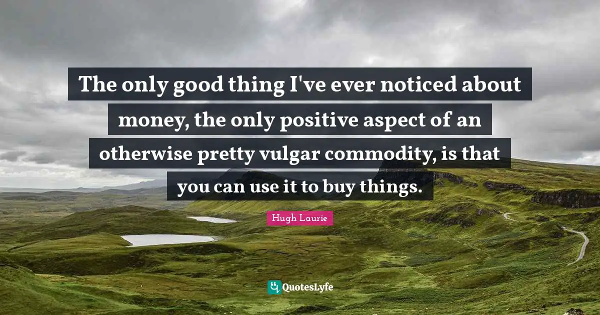 Hugh Laurie Quotes: "The only good thing I've ever noticed about money, the only positive aspect of an otherwise pretty vulgar commodity, is that you can use it to buy things."