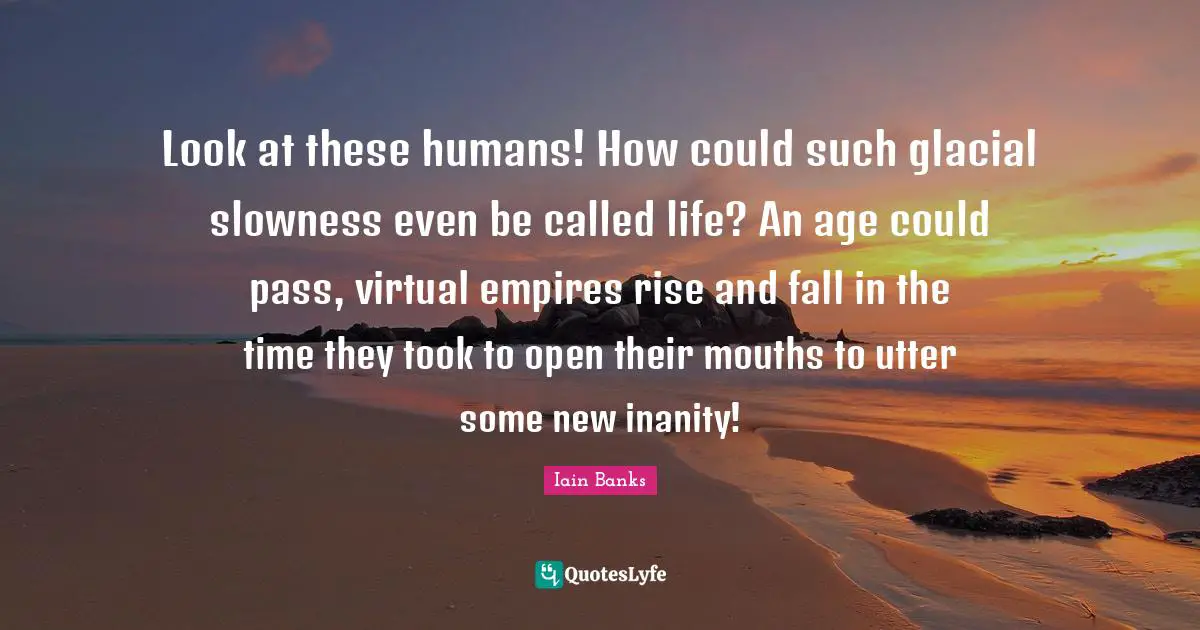 Look at these humans! How could such glacial slowness even be called life? An age could pass, virtual empires rise and fall in the time they took to open their mouths to utter some new inanity!