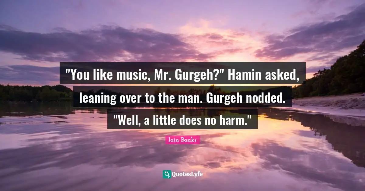 "You like music, Mr. Gurgeh?" Hamin asked, leaning over to the man. Gurgeh nodded. "Well, a little does no harm."