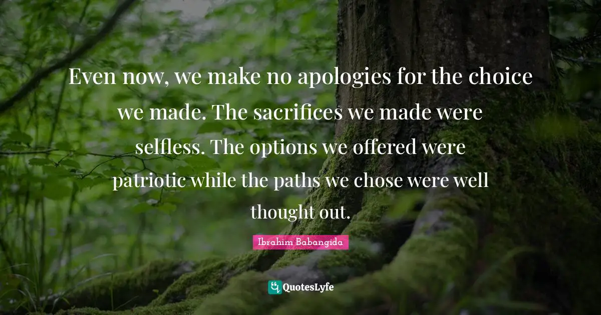 Even now, we make no apologies for the choice we made. The sacrifices we made were selfless. The options we offered were patriotic while the paths we chose were well thought out.