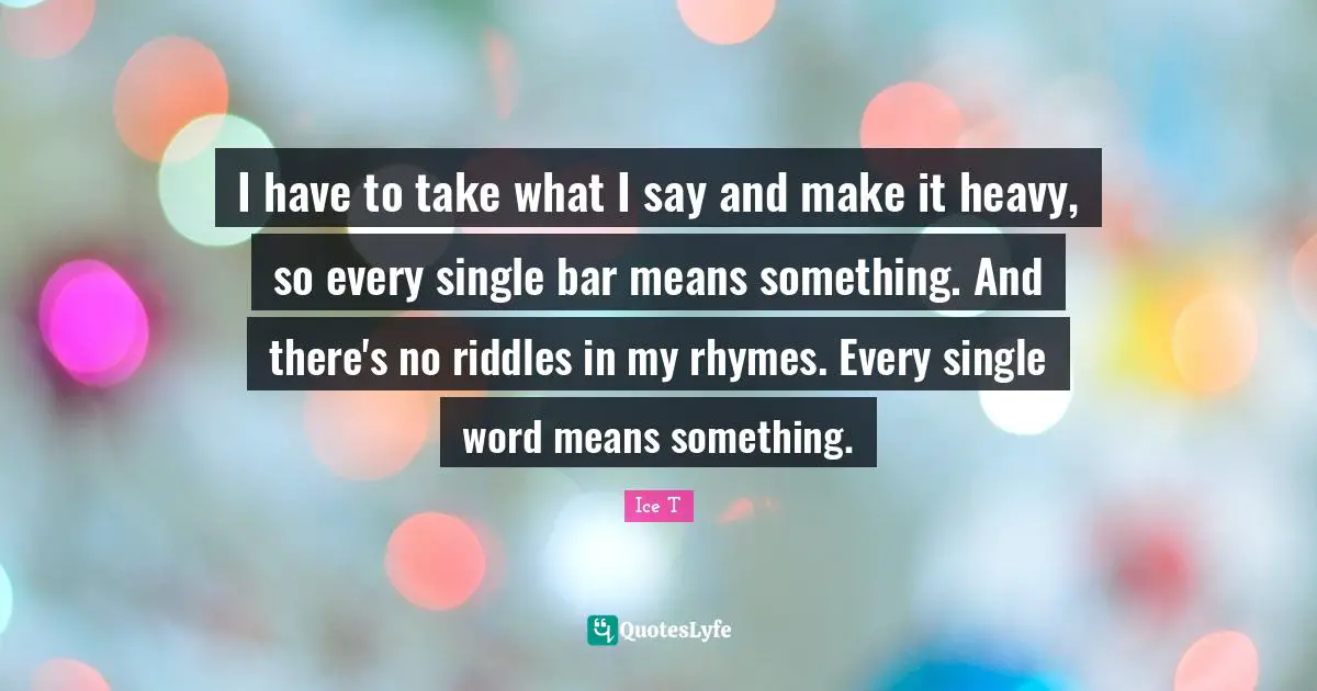 I have to take what I say and make it heavy, so every single bar means something. And there's no riddles in my rhymes. Every single word means something.