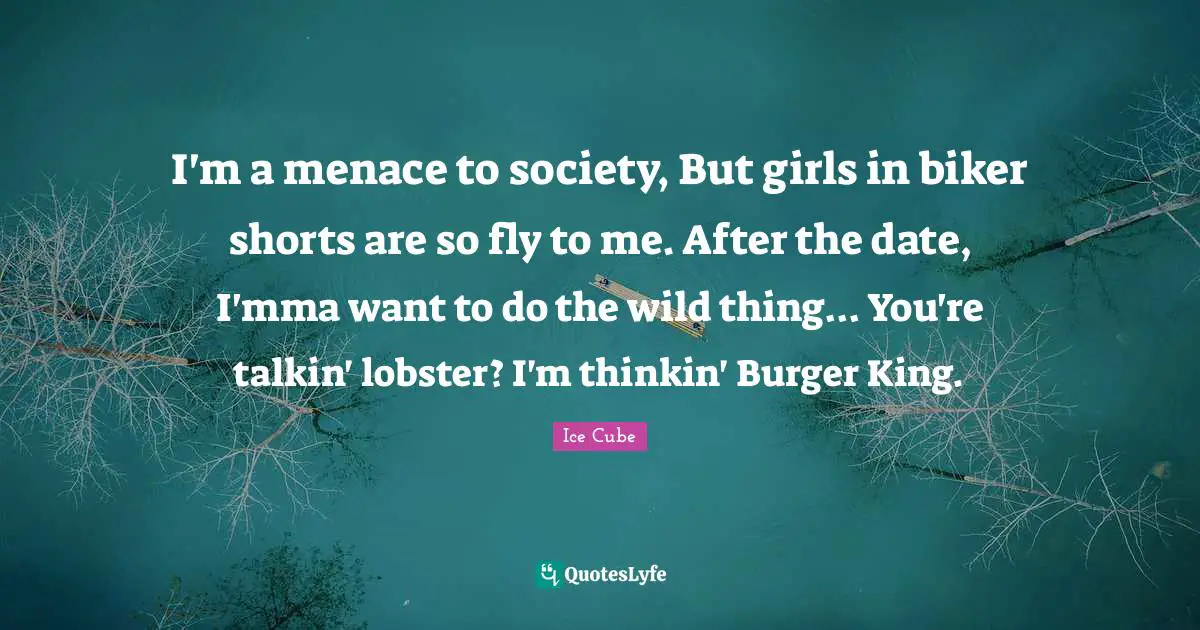 I'm a menace to society, But girls in biker shorts are so fly to me. After the date, I'mma want to do the wild thing... You're talkin' lobster? I'm thinkin' Burger King.
