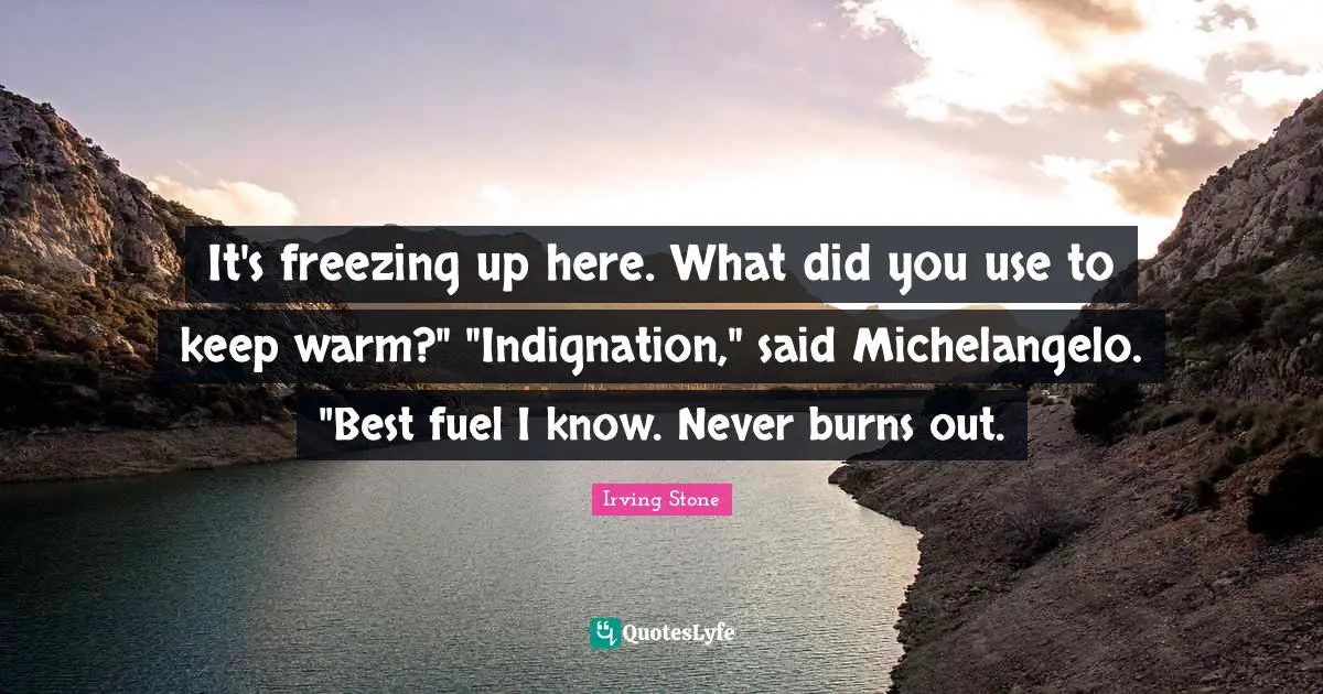 It's freezing up here. What did you use to keep warm?" "Indignation," said Michelangelo. "Best fuel I know. Never burns out.