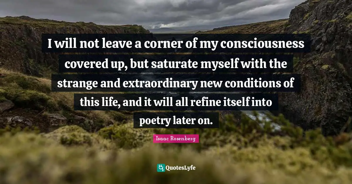 I will not leave a corner of my consciousness covered up, but saturate myself with the strange and extraordinary new conditions of this life, and it will all refine itself into poetry later on.