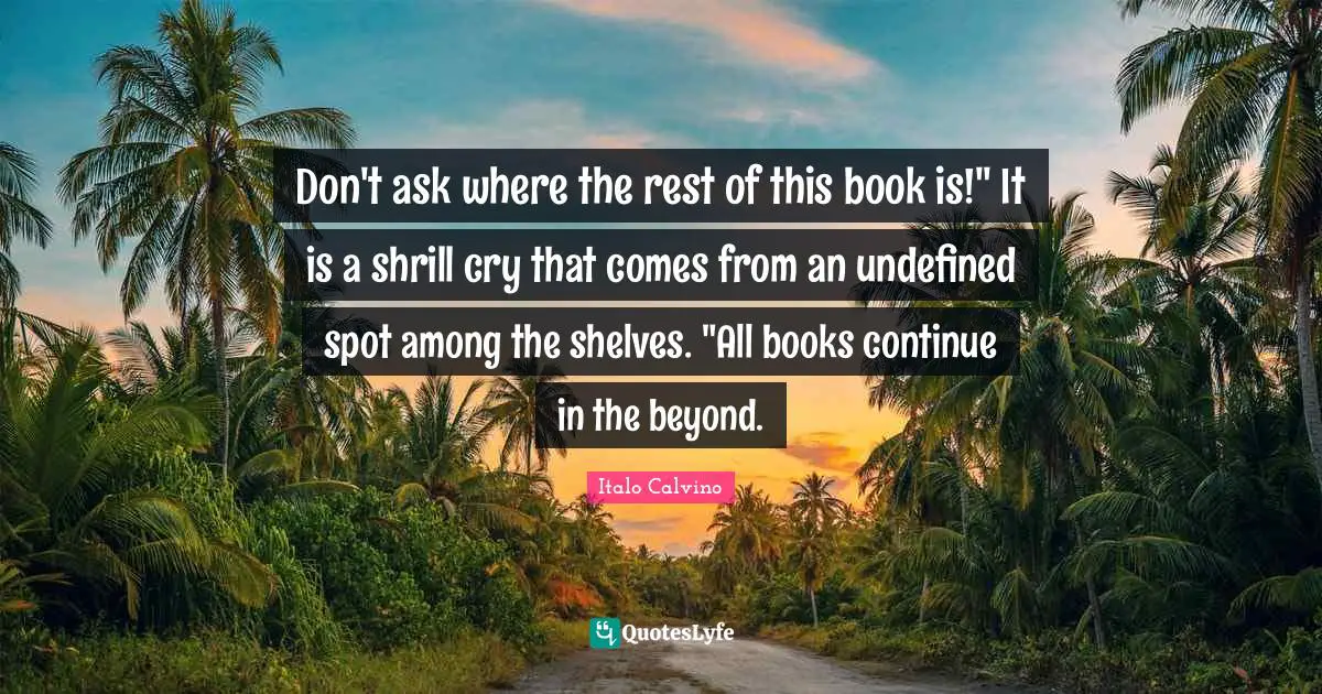 Don't ask where the rest of this book is!" It is a shrill cry that comes from an undefined spot among the shelves. "All books continue in the beyond.